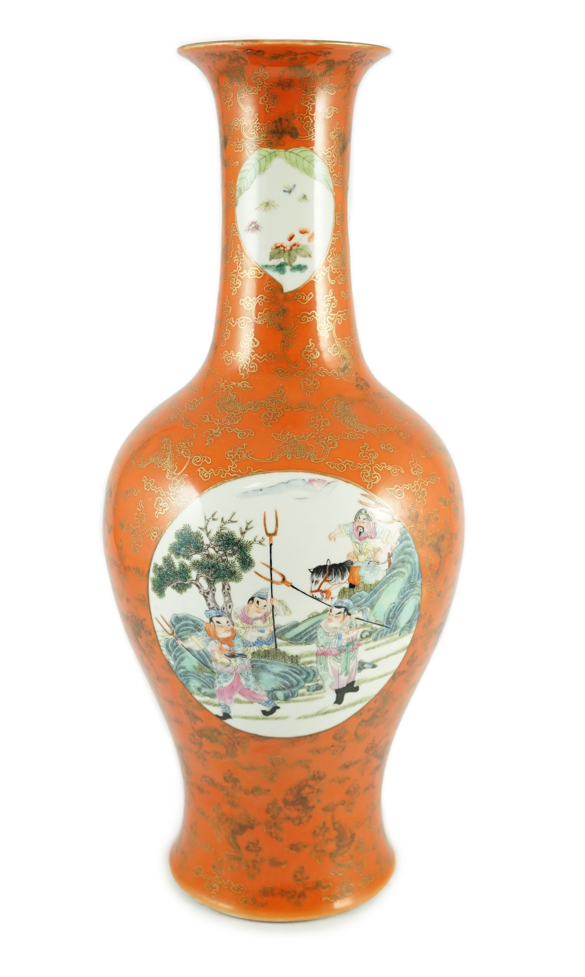 A Chinese coral ground vase, Qianlong mark but early 20th century, 45.5cm high